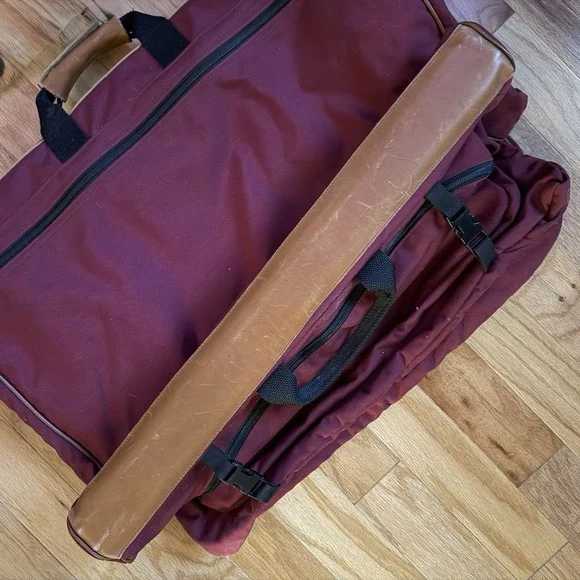 L.L. Bean Garment Bag Burgundy Tan Leather Accents Hanging Travel Bag Vintage